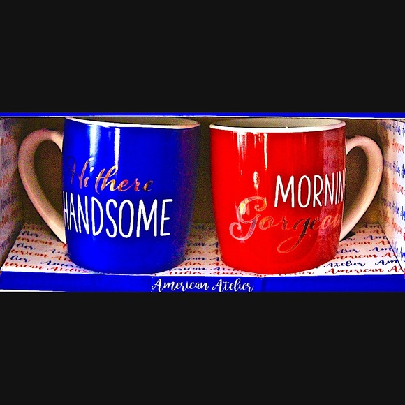 American Atelier | Dining | American Atelier Latte Coffe Cups Mugs Set Two  Handsome Gorgeous Blue Red Gold | Poshmark